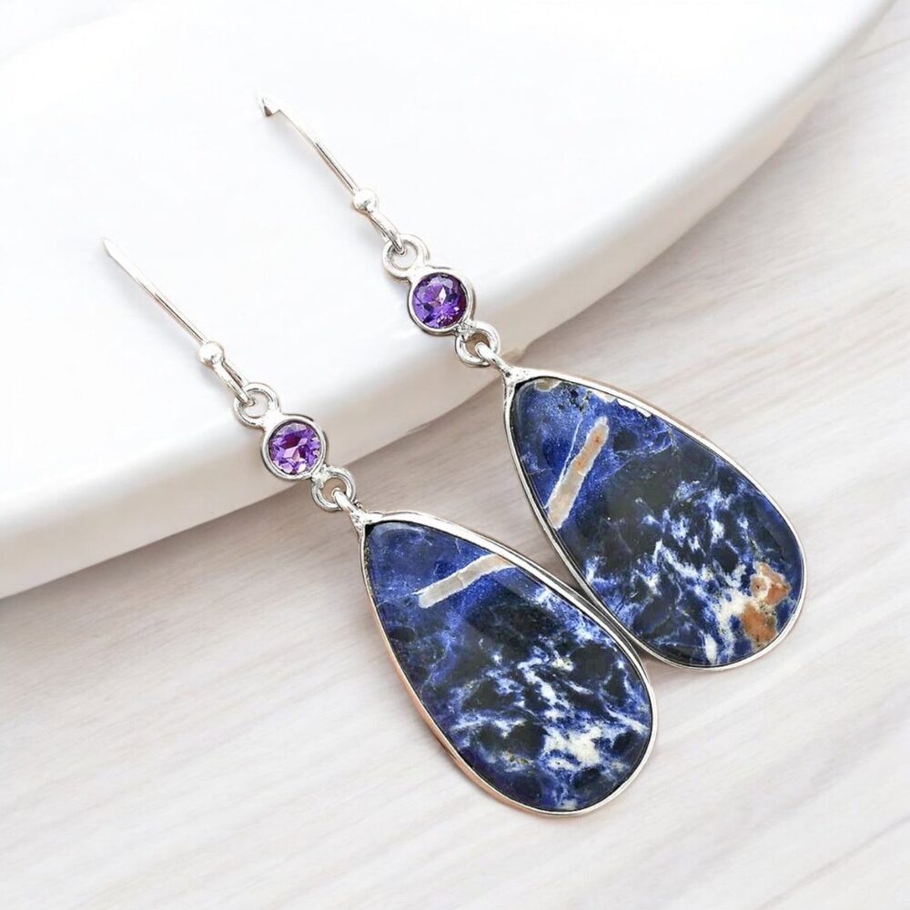Sodalite & Amethyst Solid 925 Sterling Silver Earrings